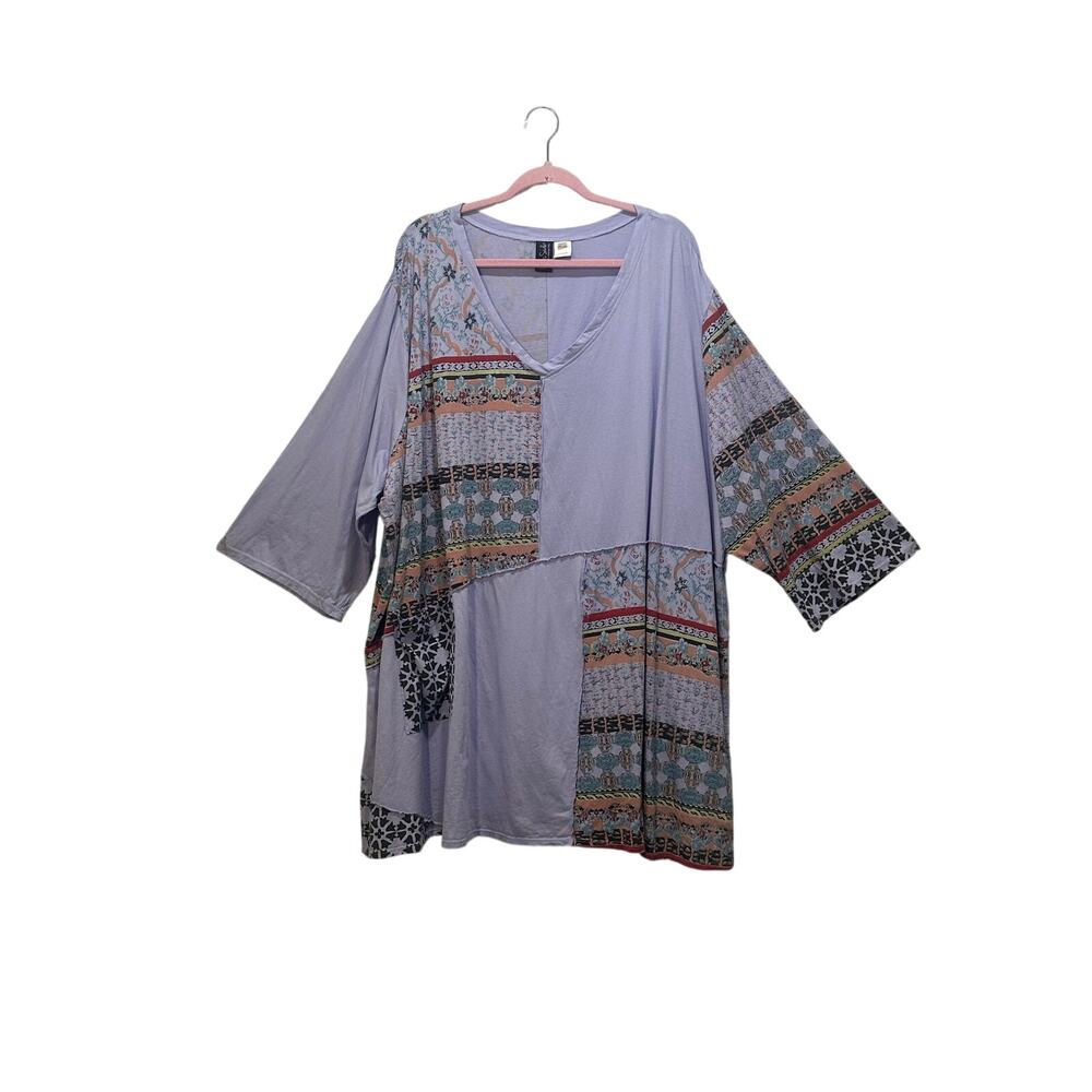 ON THE PLUS SIDE Mixed Print Lilac Vneck Patchwork Shirt 4X Lagenlook Artsy